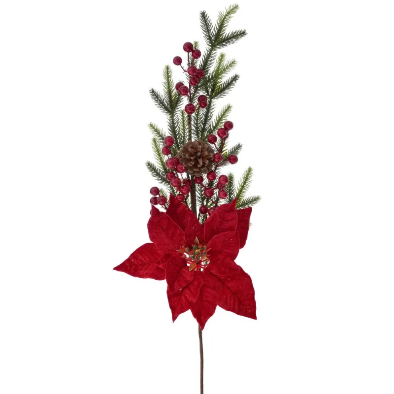 Χριστουγεννιάτικο Διακοσμητικό Λουλούδι – Κλαδί Με Αλεξανδρινό, Μπιλάκια Και Κουκουνάρι 63 εκ 67022