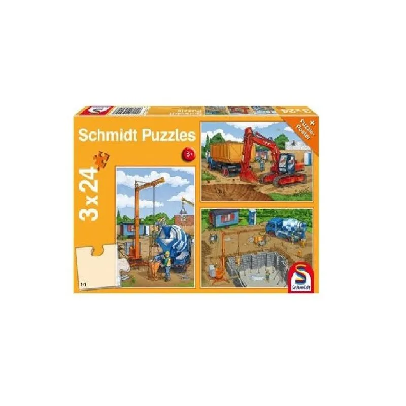 Schmidt Spiele – Puzzle 3 in 1 Construction Work Ahead 24/24/24 Pcs 56200