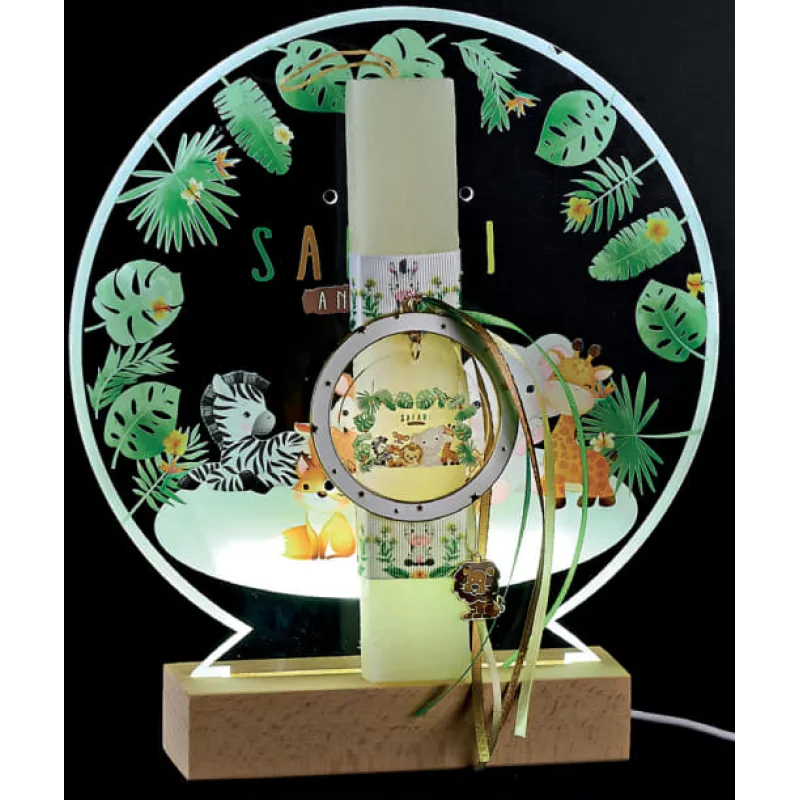 Adorex - Λαμπάδα Εκρού, Plexiglass Βάση Πάνω Σε Ξύλινη Φωτιζόμενη Βάση LED, Σαφάρι EL1091LED