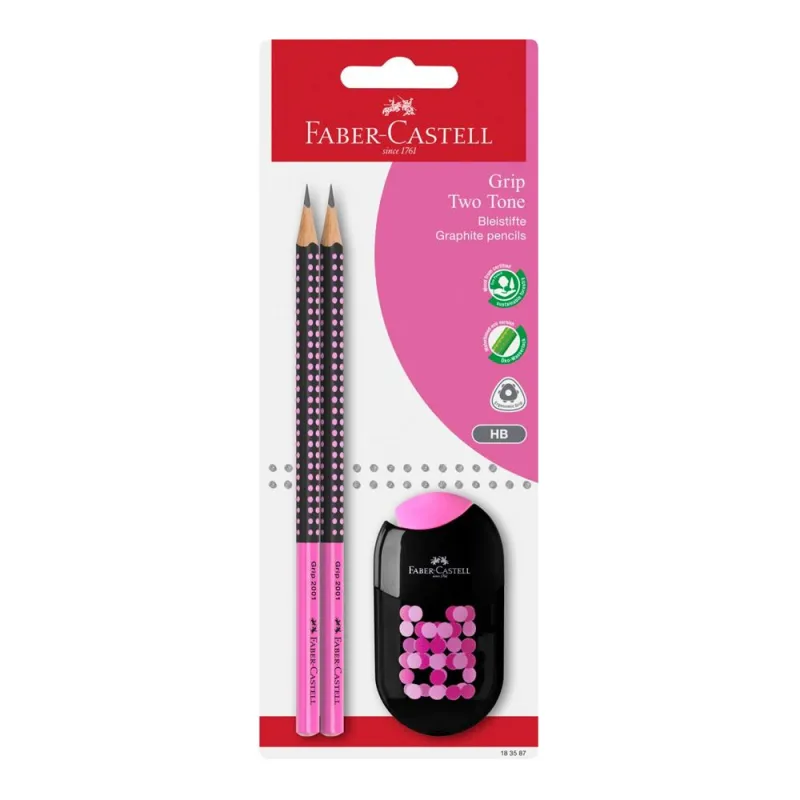 Faber Castell - Σετ 2 Δίχρωμων Μολυβιών Jumbo Grip Ροζ HΒ, Με Ξύστρα Και Γόμα 183587