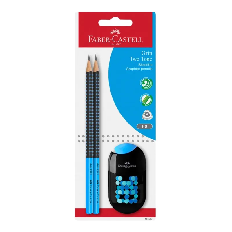 Faber Castell - Σετ 2 Δίχρωμων Μολυβιών Jumbo Grip Μπλε HΒ, Με Ξύστρα Και Γόμα 183587