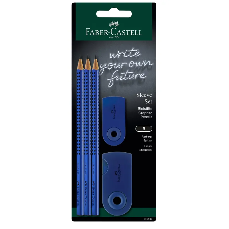 Faber Castell - Σετ 3 Μολύβια Grip Blue B & Ξύστρα Sleeve & Γόμα Sleeve 217057