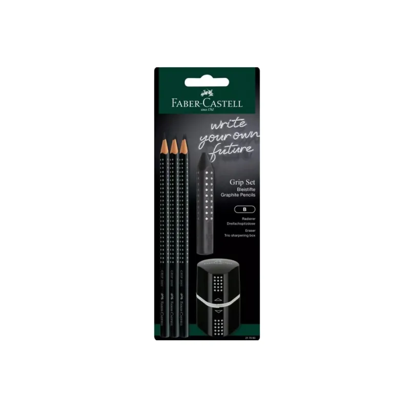 Faber Castell - Σετ 3 Μολύβια Grip Μαύρα & Ξύστρα Grip & Γόμα Grip 217093