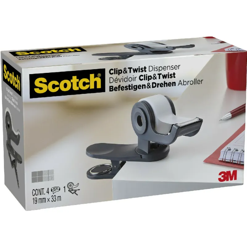 3M - Βάση Σελοτέιπ Scotch, Clip Twist Ανθρακί + 4 Ταινίες Magic 19x33mm 760193
