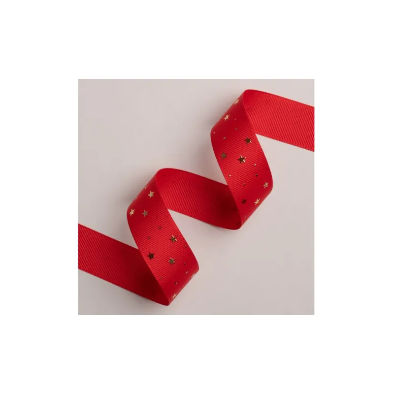 Kyriacou - Κορδέλα Gros 25mmX25M, Ανάγλυφη Μεταλλική, Μια Όψη Αστέρια, Red/Gold JGROXSM1STA02-X25X25-7081XX