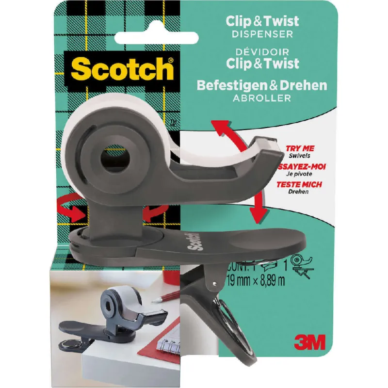3M - Βάση Σελοτέιπ Scotch, Clip & Twist Ανθρακί + 1 Ταινία Magic 19mmX8.89m XA006511340