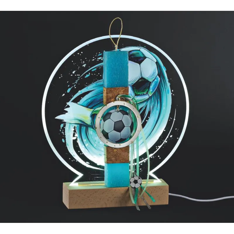 Adorex - Λαμπάδα Γαλάζια, Plexiglass Βάση Πάνω Σε Ξύλινη Φωτιζόμενη Βάση LED, Ποδόσφαιρο EL1084LED