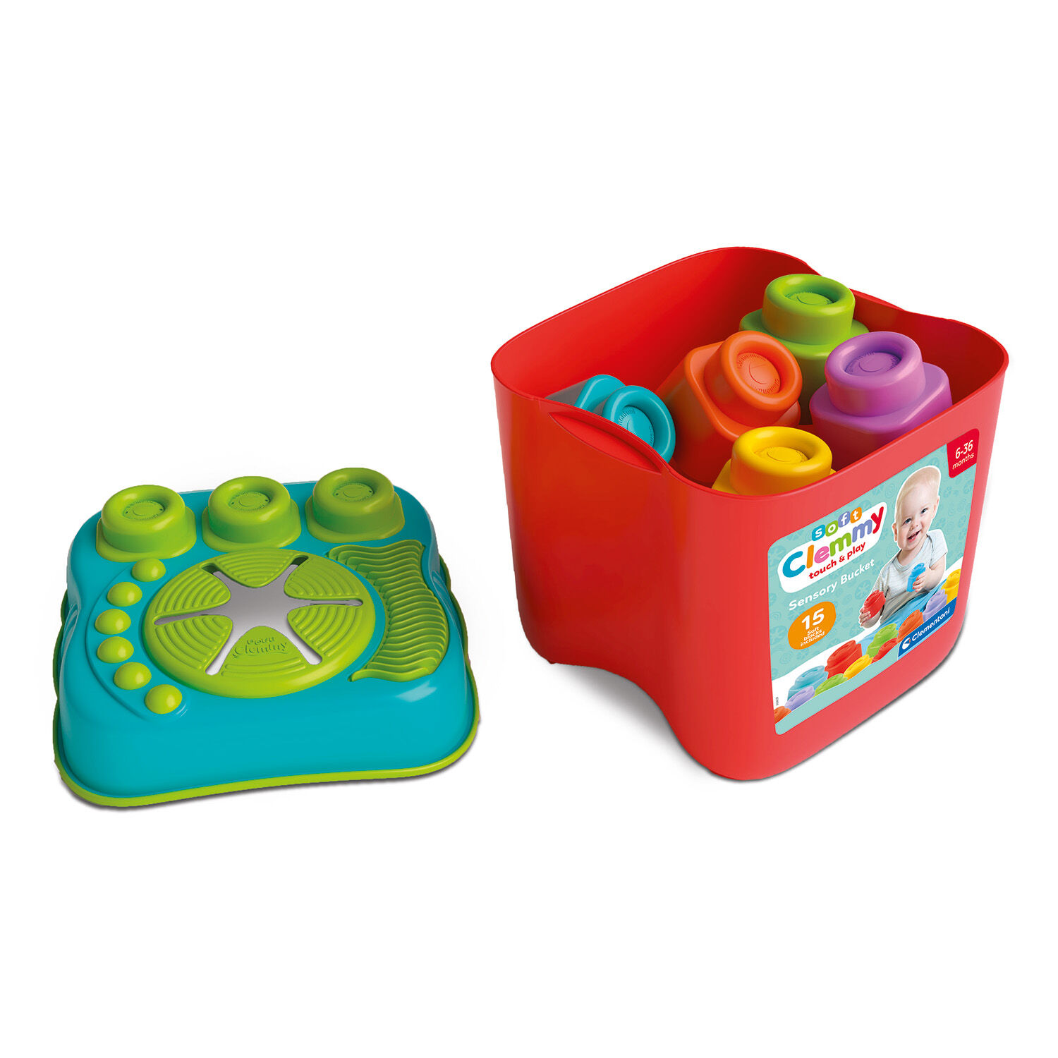 Baby Clementoni - Soft Clemmy Αισθητηριακός Κουβάς Με 15 Μαλακά Premium Τουβλάκια 1033-17807