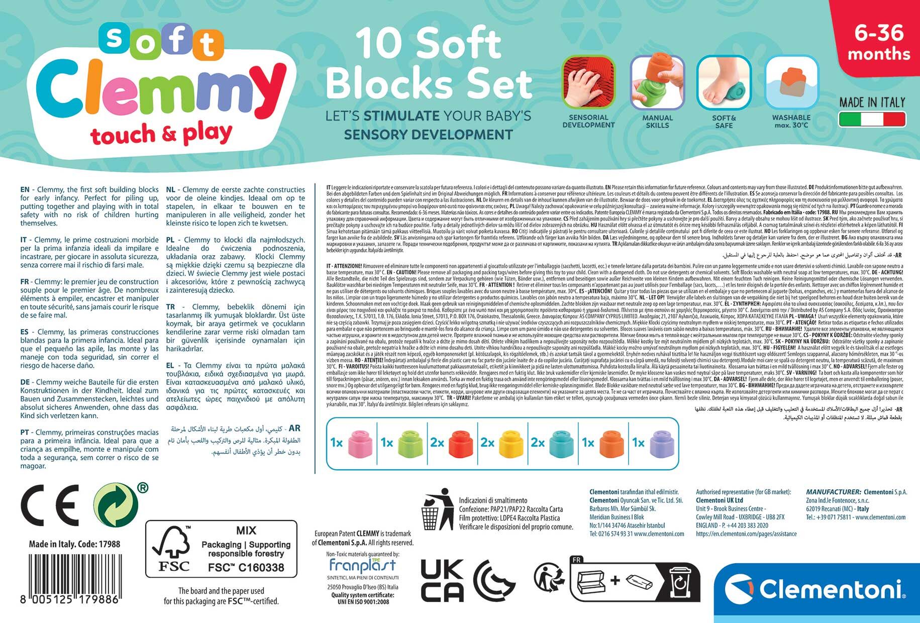 Baby Clementoni - Soft Clemmy Touch & Play Μαλακά Premium Τουβλάκια 10 τμχ 1033-17988