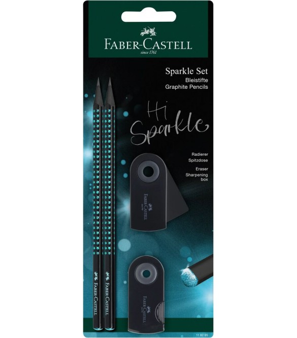 Faber Castell - Σετ Mολυβιών Grip, Sparkle Μαύρο Μπλε με Γόμα & Ξύστρα 118295