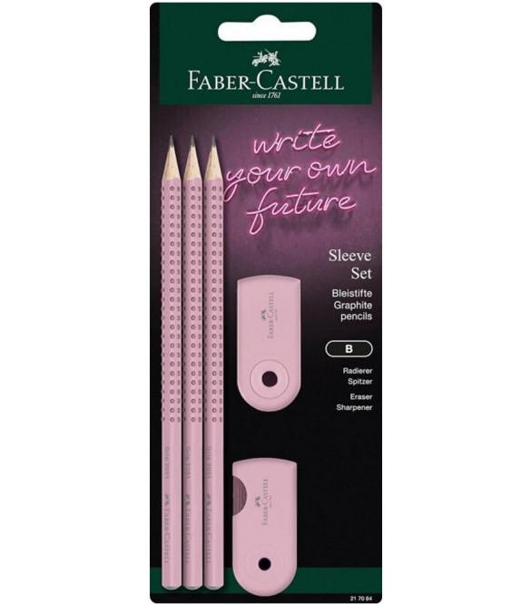 Faber Castell - Σετ Γραφής 3 Μολύβια Grip, Γόμα Και Ξύστρα Sleeve Ροζ Παστέλ 217084