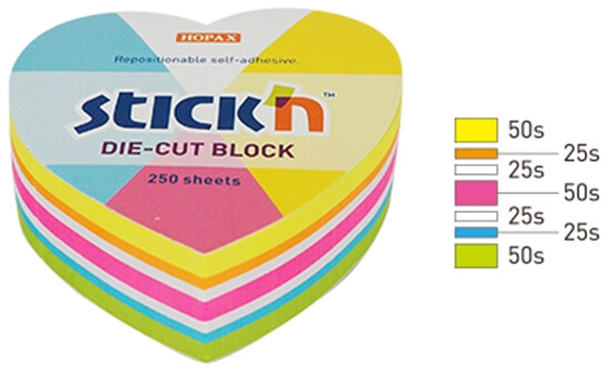 Stick'N - Αυτοκόλλητα Χαρτάκια Χρωματιστά Neon Heart 64x67mm 250 Φύλλα 21836