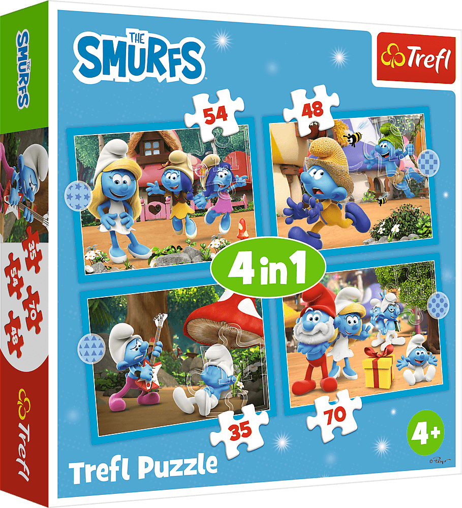 Trefl - Puzzle 4 in 1, Smurf Village 54/48/35/70 Pcs 34656