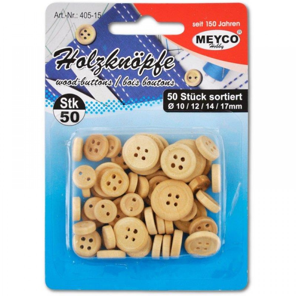 Meyco - Ξύλινα Κουμπιά, Φυσικό Χρώμα, 50 Τμχ 10-12-14-17mm 405-15