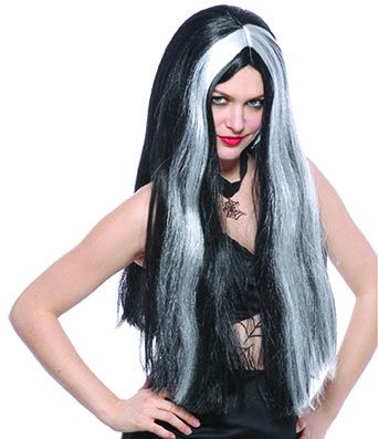 Funny Fashion - Περούκα Μακριά Μάγισσας Μαύρη Με Άσπρες Ανταύγειες 57301