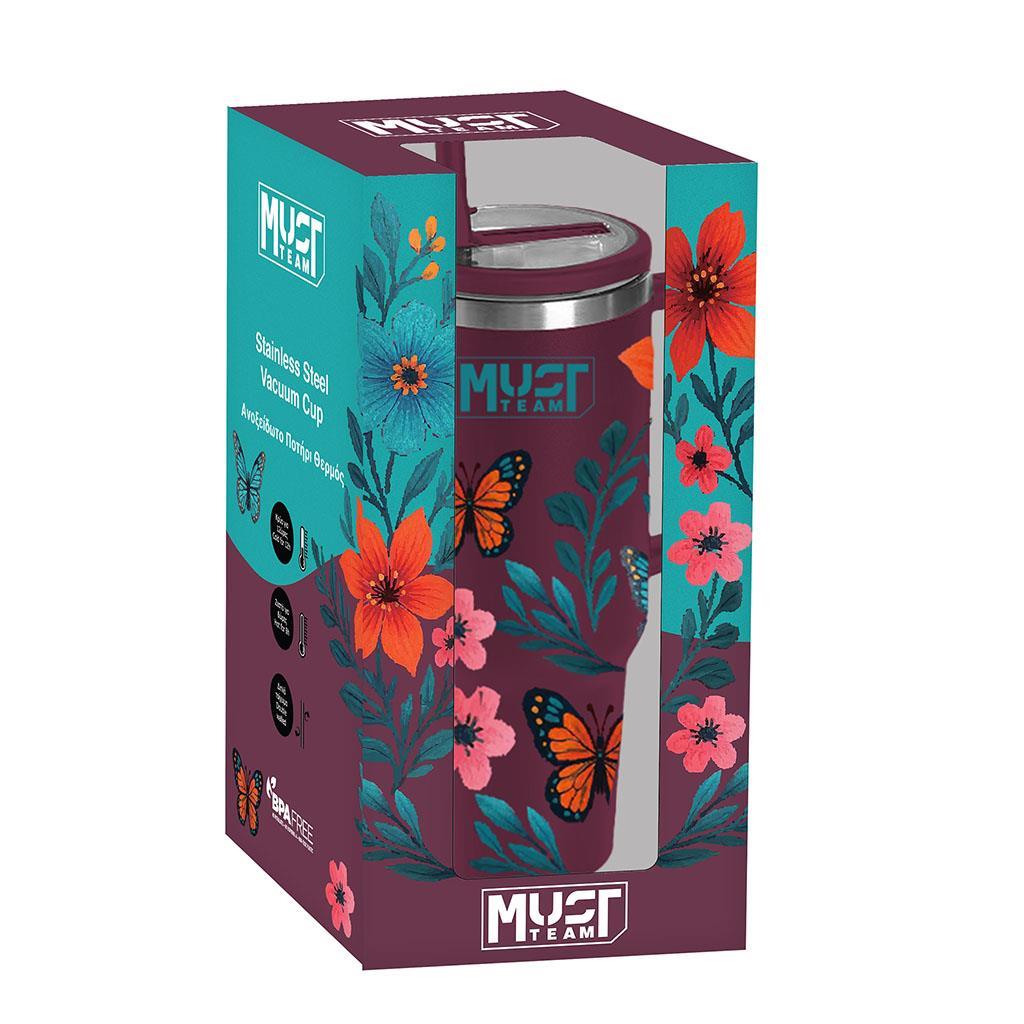 Diakakis - Must, Ποτήρι Ανοξείδωτο Θερμός 1200ml Με Καλαμάκι 27x10x7.5εκ Μπορντώ Φλοράλ 587163