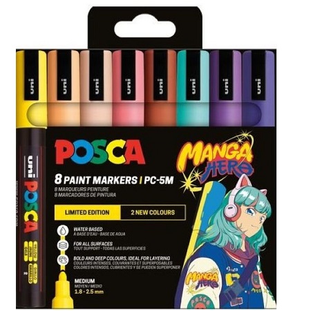 Uniball - Σετ Μαρκαδόρων Posca PC-5M 2.5mm 8 Τεμαχίων, Manga Hero 90208