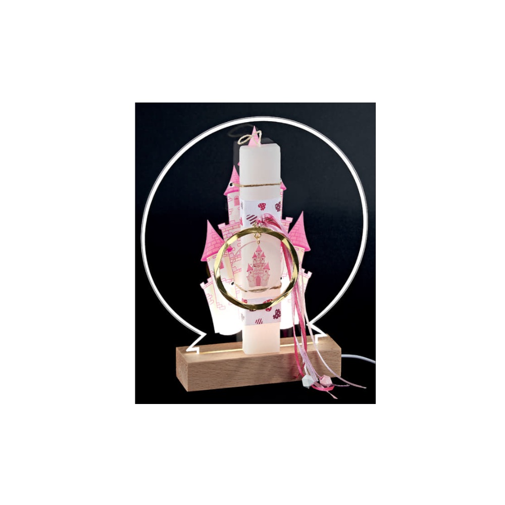 Adorex - Λαμπάδα Λευκή, Plexiglass Βάση Πάνω Σε Ξύλινη Φωτιζόμενη Βάση LED, Κάστρο EL906LED