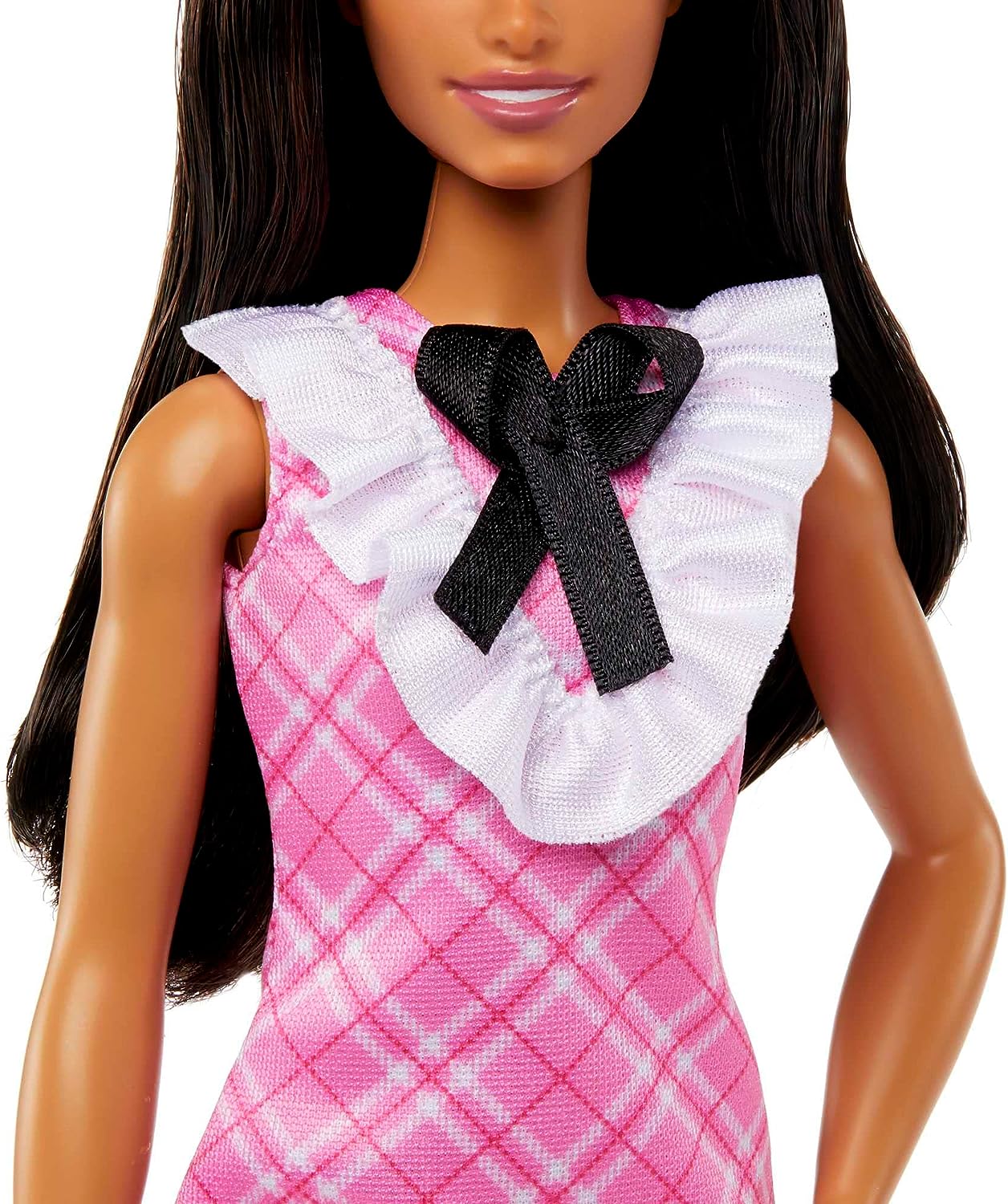 Mattel Barbie - Fashionistas Doll No.209 With Black Hair Wearing a Pink Plaid Dress, Pearlescent Headband and Strappy Heels HJT06 (FBR37)