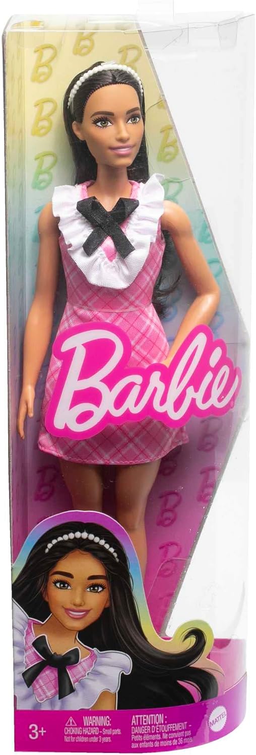 Mattel Barbie - Fashionistas Doll No.209 With Black Hair Wearing a Pink Plaid Dress, Pearlescent Headband and Strappy Heels HJT06 (FBR37)