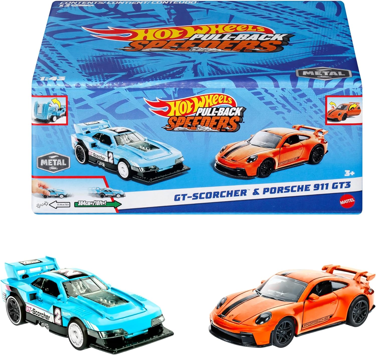 Mattel Hot Wheels - Pull-Back Speeders Σετ Με 2 Αυτοκινητάκια, GT-Scorcher & Porsche 911 GT3 HPR96 (HPR91)