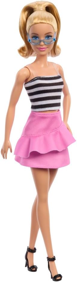 Mattel Barbie - Fashionistas Doll No.213 Blonde With Striped Top, Pink Skirt & Sunglasses, 65th Anniversary Collectible HRH11 (FBR37)