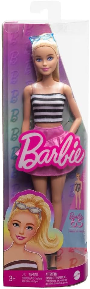 Mattel Barbie - Fashionistas Doll No.213 Blonde With Striped Top, Pink Skirt & Sunglasses, 65th Anniversary Collectible HRH11 (FBR37)