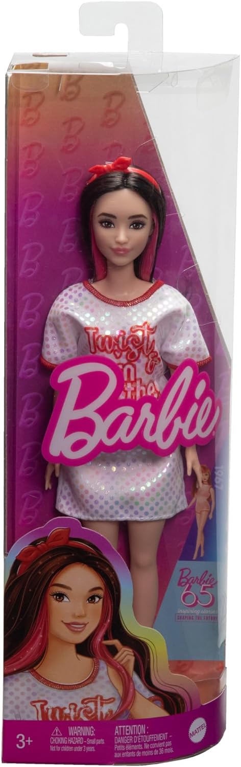 Mattel Barbie - Fashionistas Doll No.214 Black Wavy Hair with Twist ‘n’ Turn Dress & Accessories, 65th Anniversary Collectible HRH12 (FBR37)