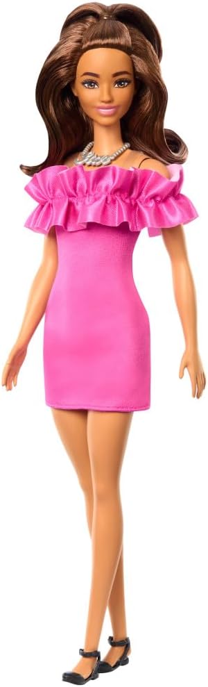 Mattel Barbie - Fashionistas Doll No.217 With Brown Wavy Hair Half-Up Half-Down & Pink Dress, 65th Anniversary Collectible HRH15 (FBR37)