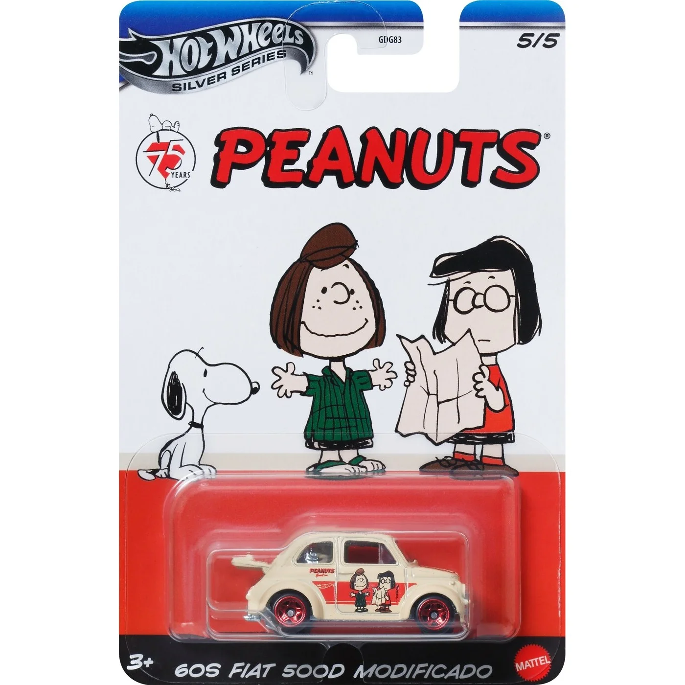 Mattel Hot Wheels – Αυτοκινητάκι, Peanuts Snoopy 2025 Silver Series, 60S Fiat 500D Modificado (5/5) JCB85 (GDG83/JDY88) 