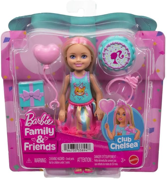 Mattel Barbie Chelsea - Family & Frineds, Birthday-Themed Small Doll With Pink-Streaked Blonde Hair, Colorful Dress JJB37