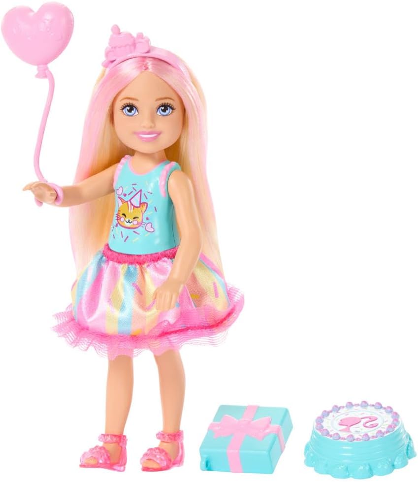 Mattel Barbie Chelsea - Family & Frineds, Birthday-Themed Small Doll With Pink-Streaked Blonde Hair, Colorful Dress JJB37