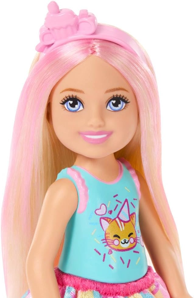 Mattel Barbie Chelsea - Family & Frineds, Birthday-Themed Small Doll With Pink-Streaked Blonde Hair, Colorful Dress JJB37
