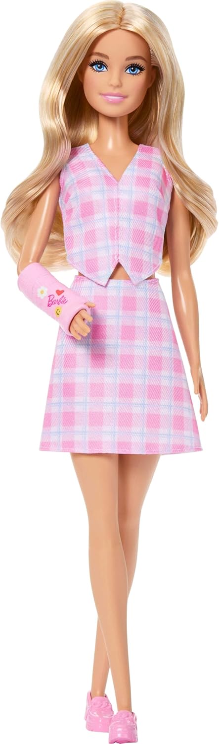 Mattel - Barbie Fashionistas, No.243 Blonde Hair Pink Chalk Accessory Arms Checked Top Ανd Skirt With Pink Moccasins Baby JJN56 (FBR37)