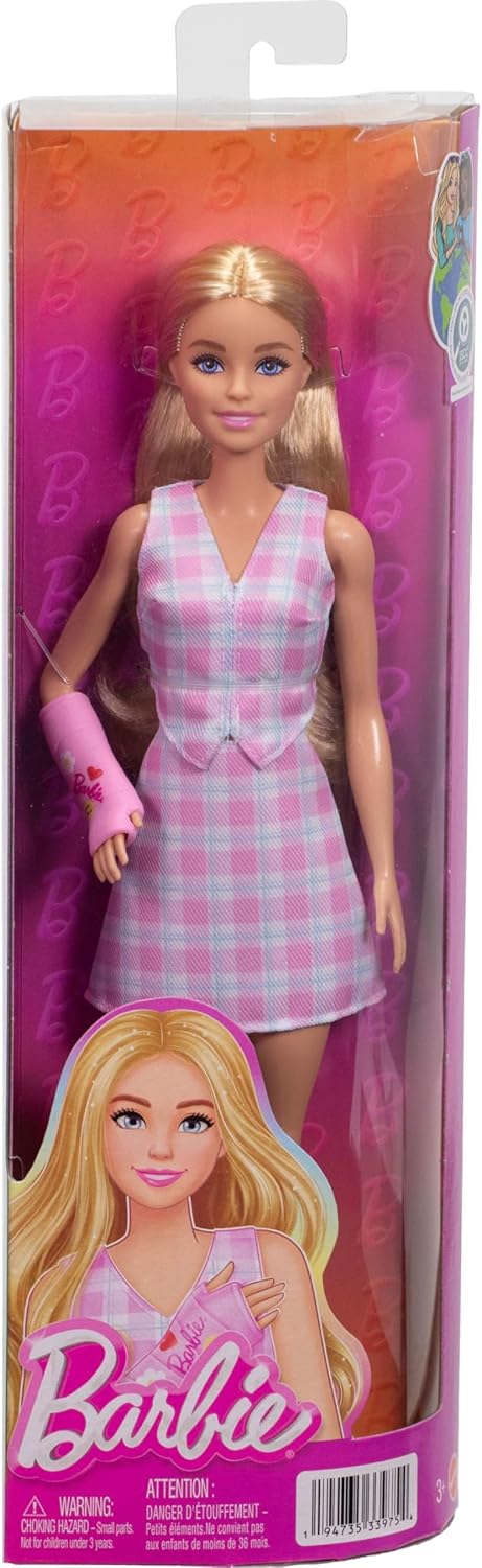 Mattel - Barbie Fashionistas, No.243 Blonde Hair Pink Chalk Accessory Arms Checked Top Ανd Skirt With Pink Moccasins Baby JJN56 (FBR37)