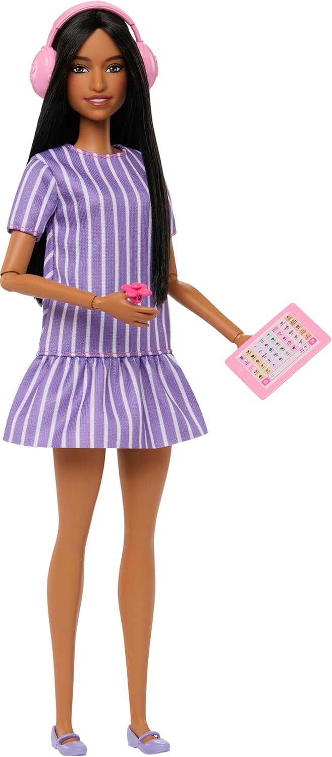 Mattel - Barbie Fashionistas, No.245 Autistic Doll Wearing Purple Striped Dress With Accessories Like Fidget Spinner, Tablet And Headphones JJN58 (FBR37)