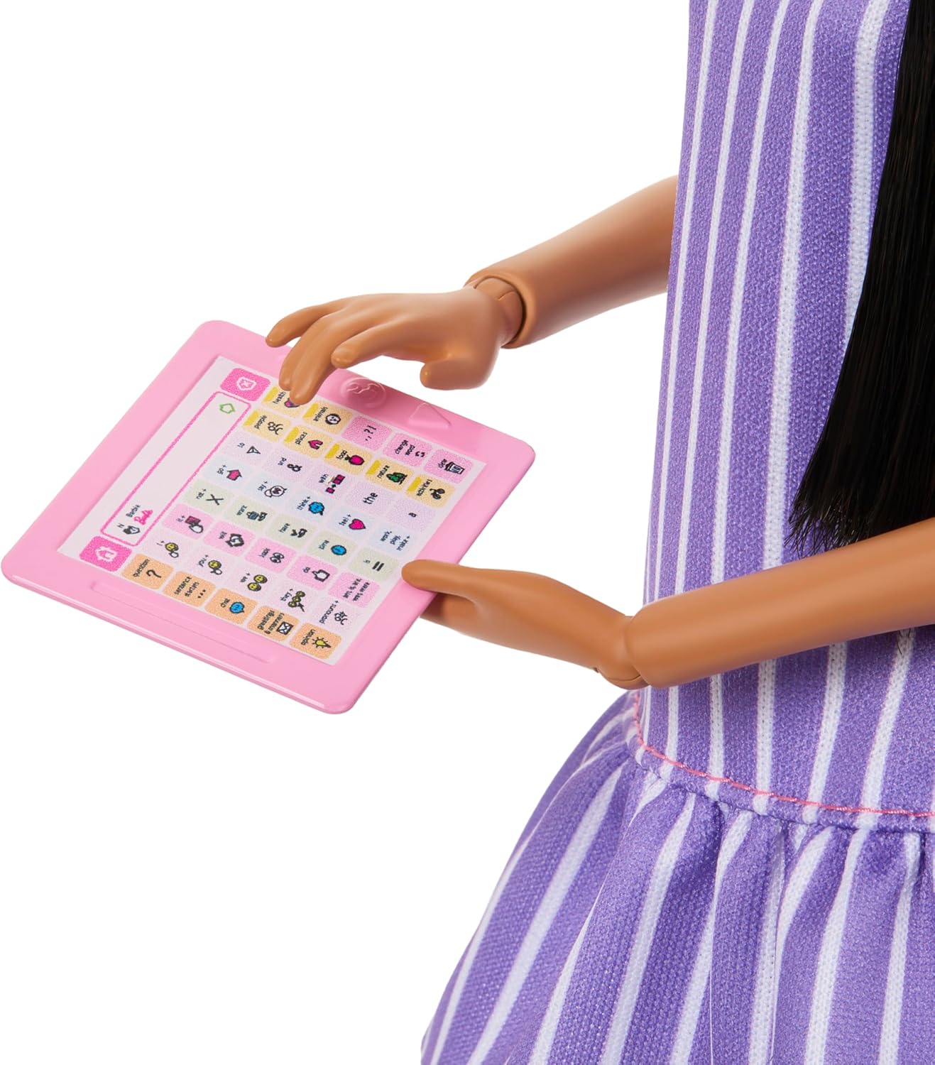 Mattel - Barbie Fashionistas, No.245 Autistic Doll Wearing Purple Striped Dress With Accessories Like Fidget Spinner, Tablet And Headphones JJN58 (FBR37)