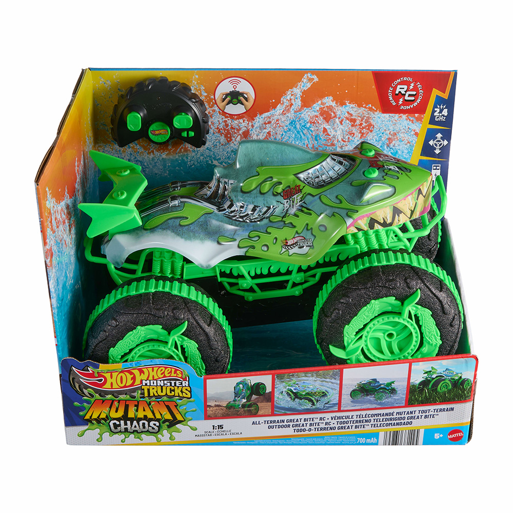 Mattel Hot Wheels - Τηλεκατευθυνόμενο Αυτοκίνητο , Monster Trucks All-Terrain Great Bite RC, Remote-Control Toy, Drive on Land & in Water JMM76