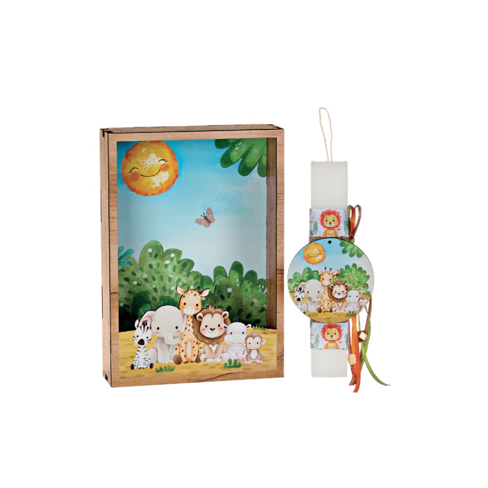 Adorex - Λαμπάδα Λευκή Πλακέ, Ξύλινο Καδράκι, Ζωάκια KAD1210