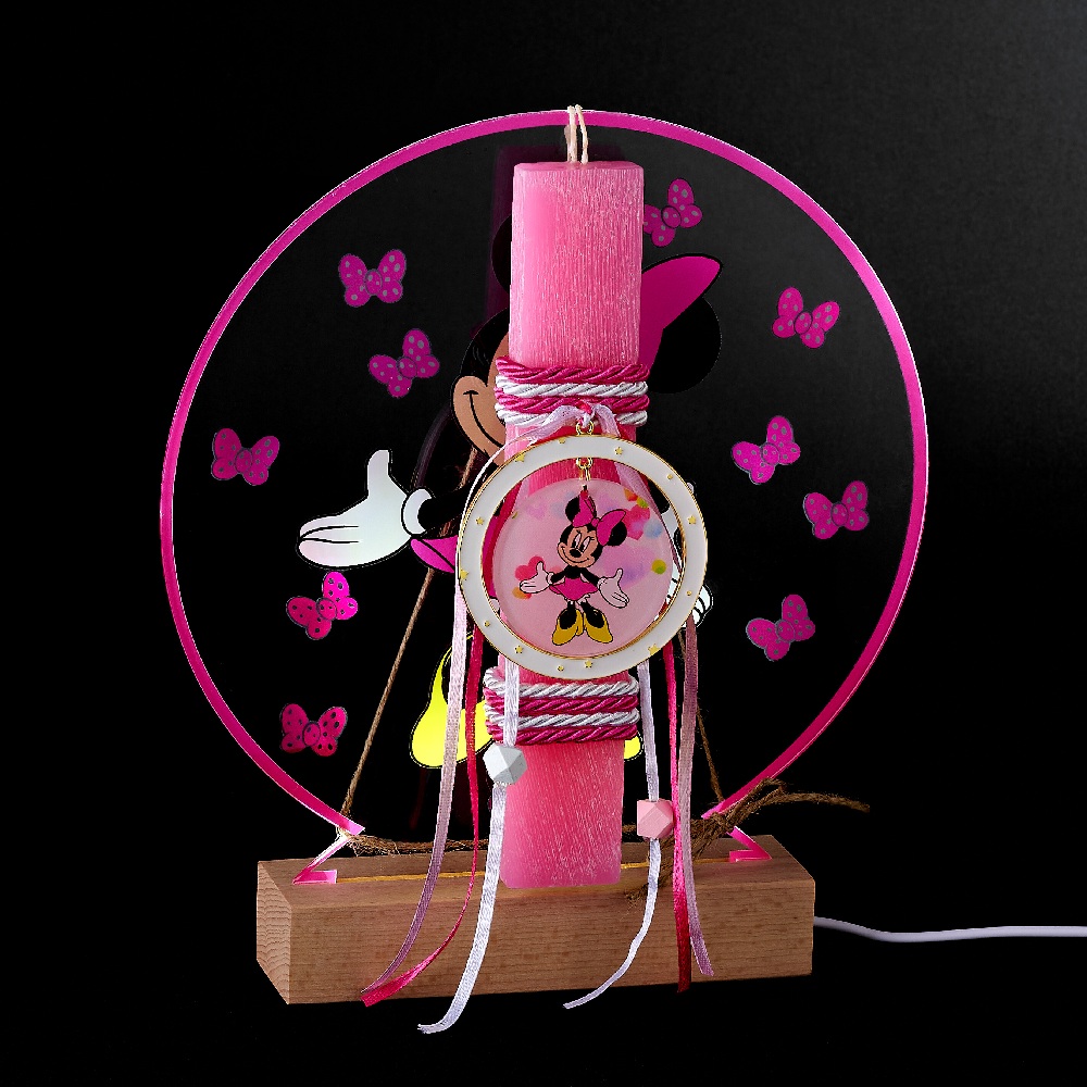 Adorex - Λαμπάδα Ροζ, Plexiglass Βάση Πάνω Σε Ξύλινη Φωτιζόμενη Βάση LED, Minnie Mouse P118-1