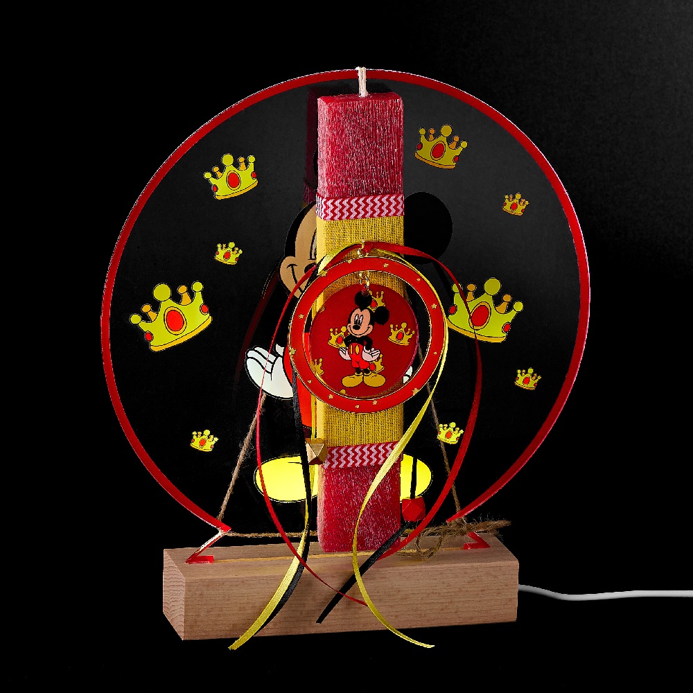 Adorex - Λαμπάδα Ροζ, Plexiglass Βάση Πάνω Σε Ξύλινη Φωτιζόμενη Βάση LED, Mickey Mouse P219-1