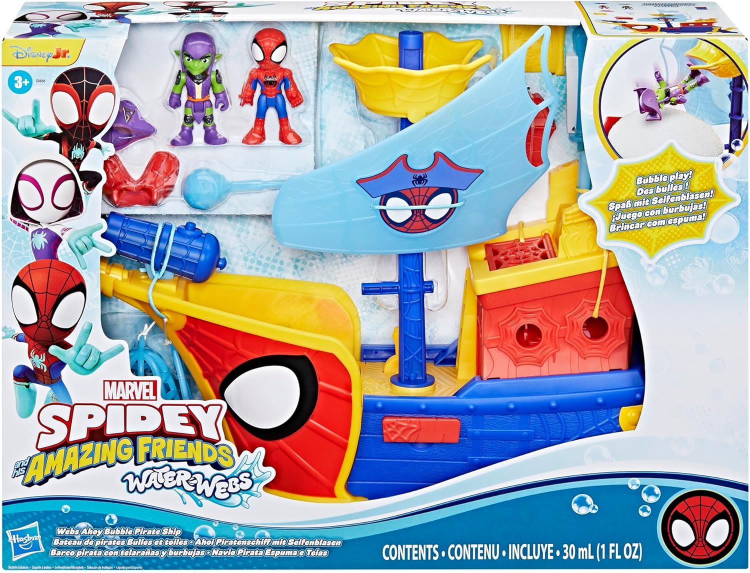 Hasbro -  Spiderman Spidey Amazing Friends, Water-Webs Ahoy Bubble Pirate Ship Toy G0666
