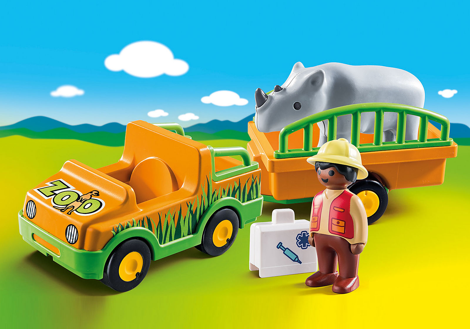 Playmobil 1.2.3 - Όχημα Ζωολογικού Κήπου Με Ρινόκερο 70182