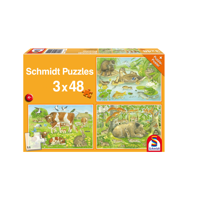 Schmidt Spiele – Puzzle 3 in 1 Animal Family 48/48/48 Pcs 56222