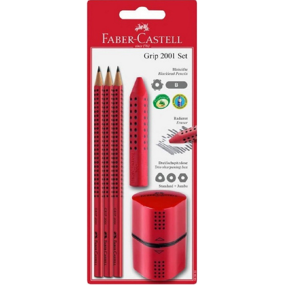 Faber Castell - Σετ 3 Μολύβια Grip Κόκκινα & Ξύστρα Grip & Γόμα Grip 580022