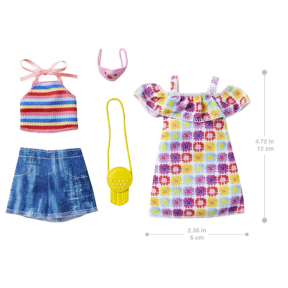 Mattel Barbie - Fashions 2-Pack Clothing Set, 2 Outfits For Doll Summery Off-The-Shoulder Print Dress GRC91 (GWC32)