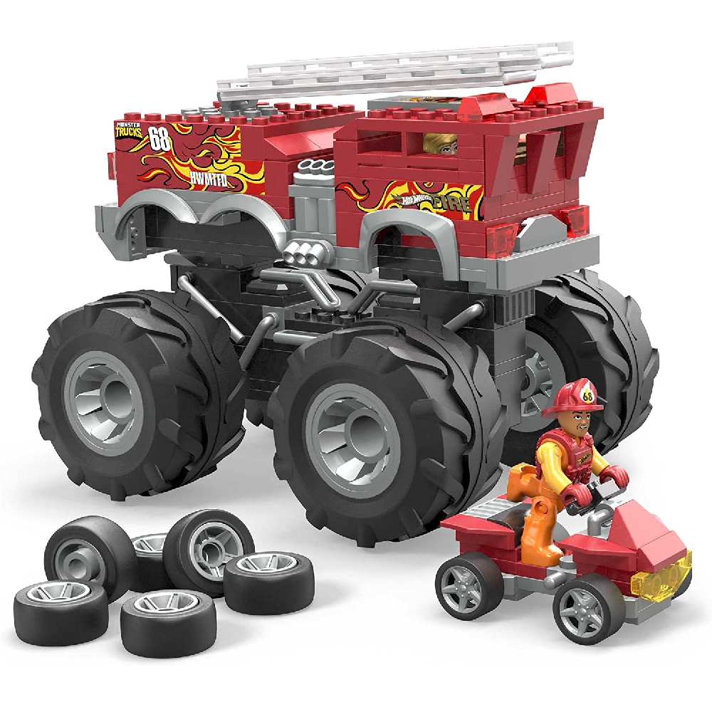 Mattel Hot Wheels - Mega Bloks, Monster Trucks, Πυροσβεστικό Όχημα 2 Σε 1 HHD19