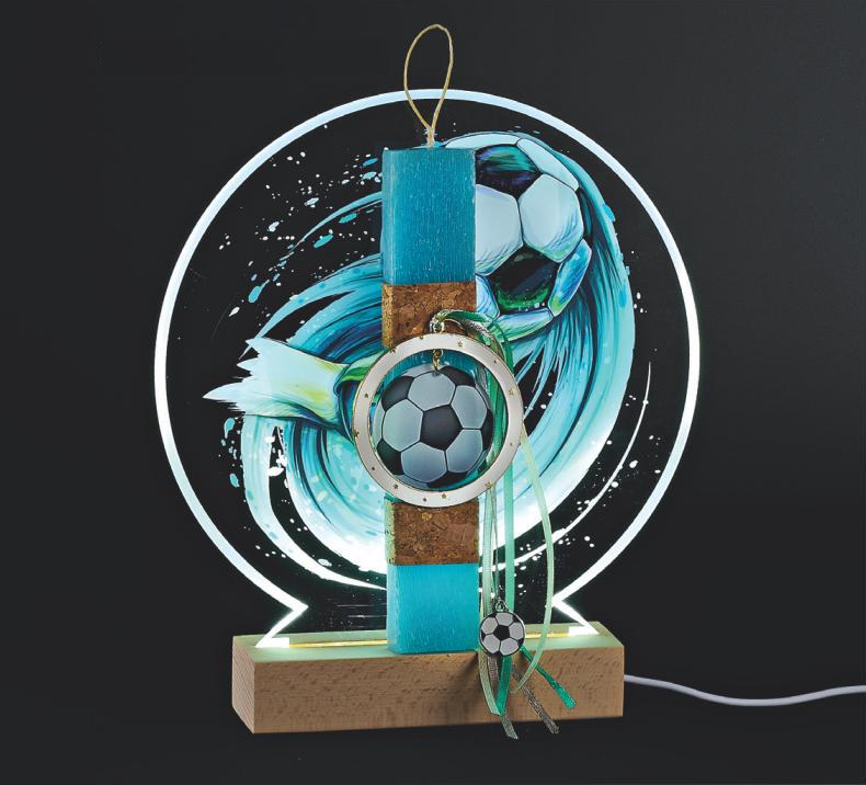 Adorex - Λαμπάδα Γαλάζια, Plexiglass Βάση Πάνω Σε Ξύλινη Φωτιζόμενη Βάση LED, Ποδόσφαιρο EL1084LED